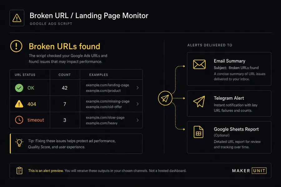 Broken URL / Landing Page Monitor email alert example showing broken and needs-review landing page URLs with HTTP 404 status codes and account details